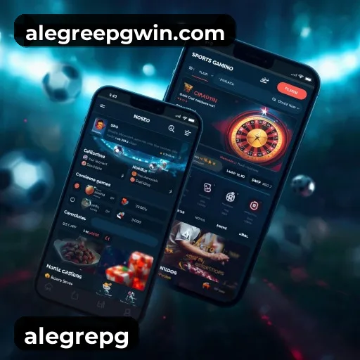 App alegrepg para iOS e Android — interface mobile, login biométrico e PIX integrado